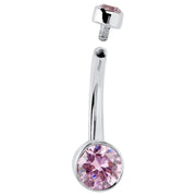 14K white gold belly ring with pink CZ, internally threaded top separated to show internal thread