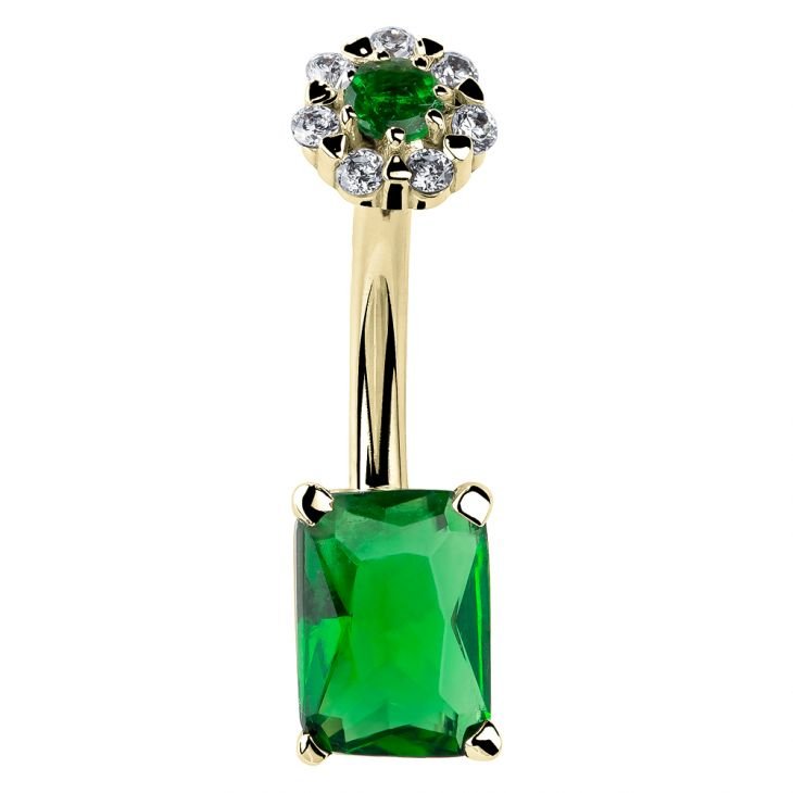 14k yellow gold navel ring with emerald cut green CZ bottom and white CZ daisy flower top, front view