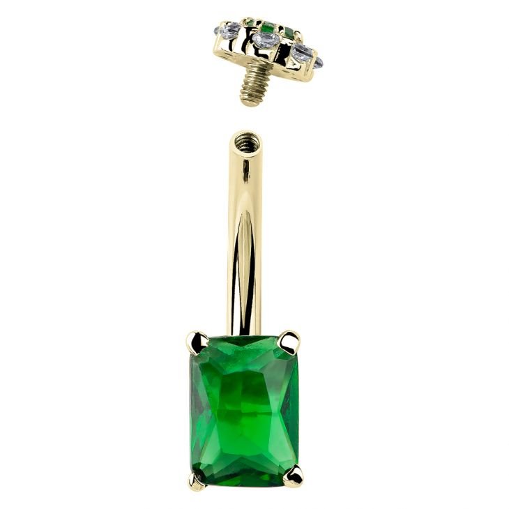 Emerald Cut Cubic Zirconia & Flower Cluster 14K Gold Belly Ring