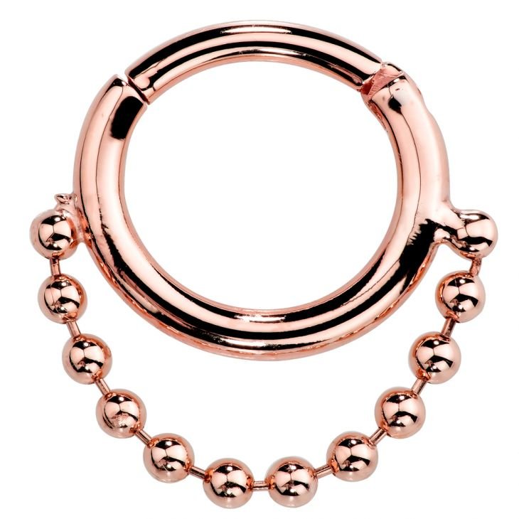 14K rose gold beaded chain hinged segment clicker ring, front view showing warm tone