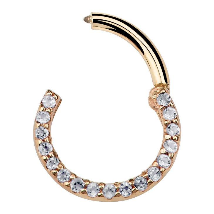 14K yellow gold diamond pave clicker ring shown open, revealing hinged post mechanism