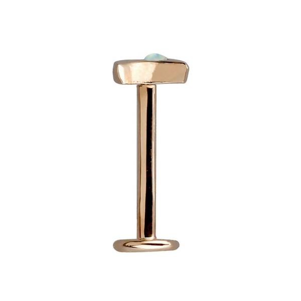 Side profile of rose gold crescent moon opal flat back labret showing low-profile top and post length