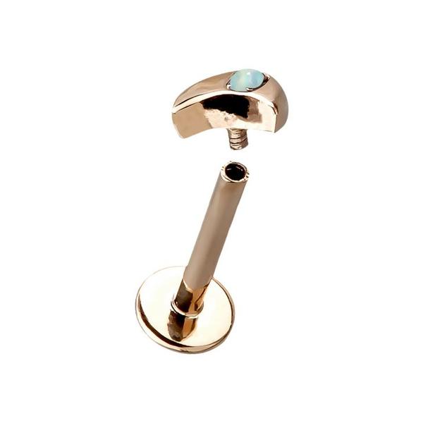 Rose gold crescent moon opal labret disassembled, showing internally threaded post and moon end