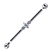 White gold triple CZ industrial barbell with internally threaded ball ends detached, showing threading detail