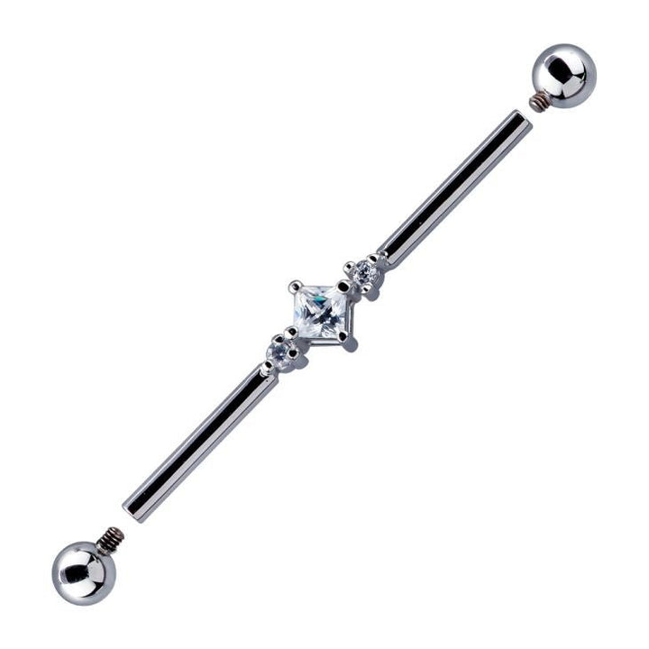 Triple Cubic Zirconia 14K Gold Internally Threaded Industrial Barbell