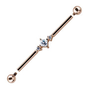 14K rose gold triple CZ industrial barbell with threaded ball ends removed, showing internal threading