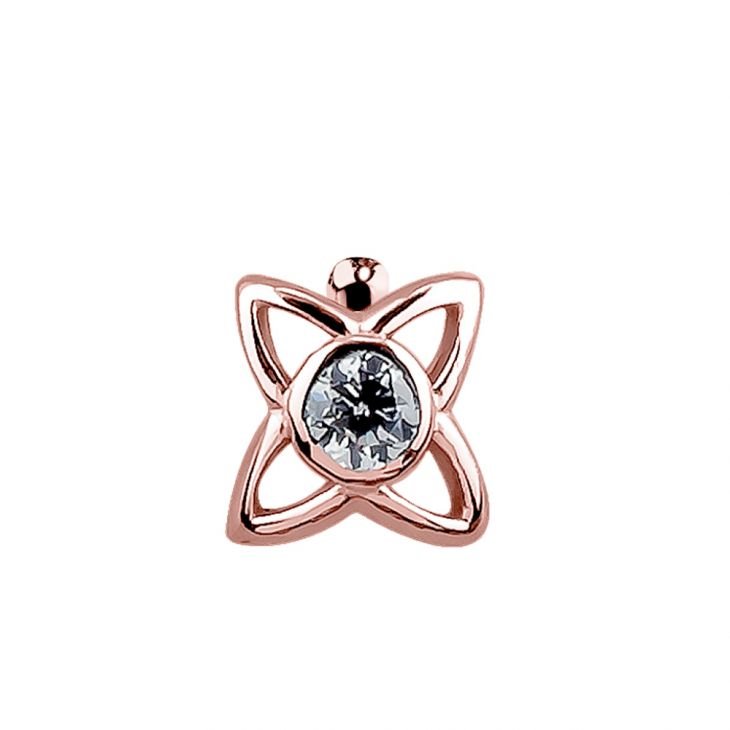 14K rose gold open petal star nose stud with bezel-set CZ center, front view
