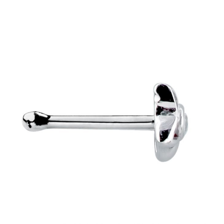 Side profile of 14K white gold petal star CZ nose bone showing ball-tipped straight post