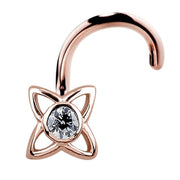 14K rose gold open petal star CZ nose screw, front-facing view showing full twist post curl