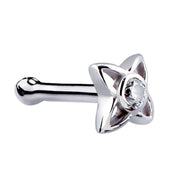 14K white gold star CZ nose bone stud with ball-end post, angled side view