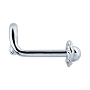 14K white gold rose bud nose bone, side profile showing straight post length and flower charm