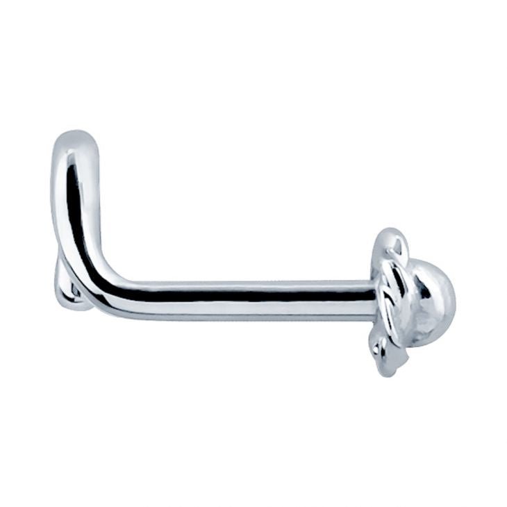 14K white gold rose bud nose bone, side profile showing straight post length and flower charm