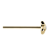 Side profile of 14K yellow gold petal star CZ nose stud showing long straight pin post