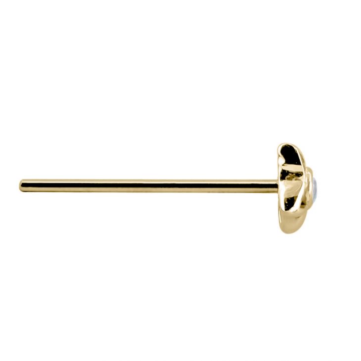 Side profile of 14K yellow gold petal star CZ nose stud showing long straight pin post