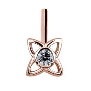 14K rose gold open petal star nose stud on straight post, front view showing CZ bezel setting