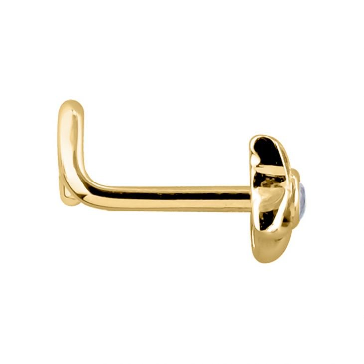 Side profile of 14K yellow gold star CZ nose ring showing L-shaped straight post style