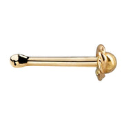 14K yellow gold rose bud nose bone, straight horizontal side profile highlighting full post length