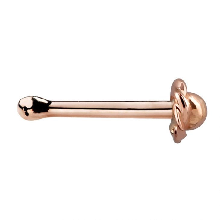14K rose gold rose bud nose bone, straight horizontal side profile highlighting full post length
