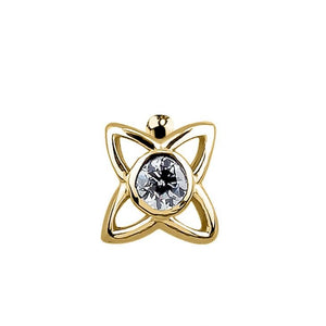14K yellow gold petal star nose stud with bezel-set CZ center, open filigree design, front view