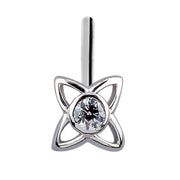 14K white gold open petal star nose stud on straight post, front view showing CZ bezel setting