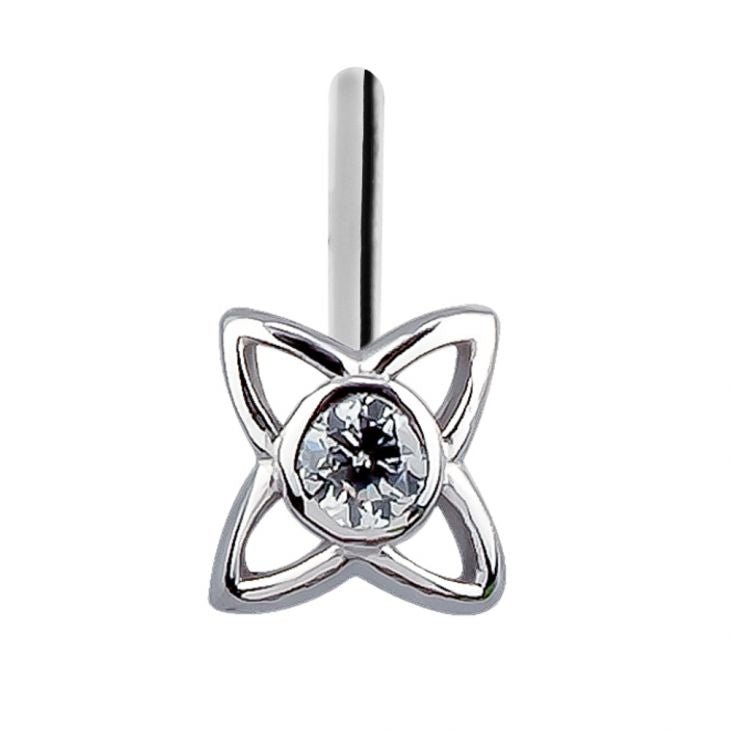 14K white gold open petal star nose stud on straight post, front view showing CZ bezel setting
