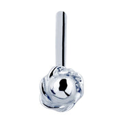 14K white gold rose bud nose stud, straight post pin style shown vertically with flower charm facing forward