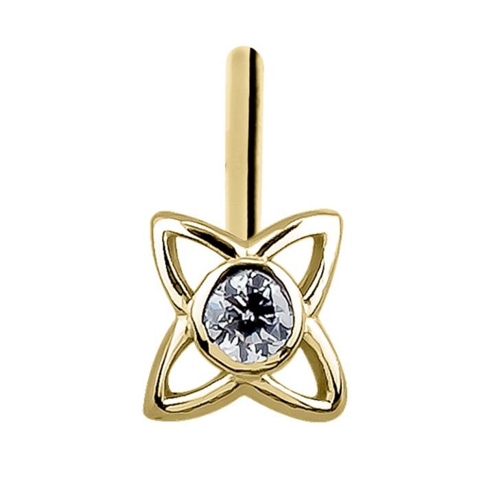 14K yellow gold open petal star nose stud on straight post, front view showing CZ bezel setting