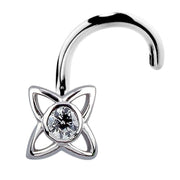14K white gold open petal star CZ nose screw, front-facing view showing full twist post curl