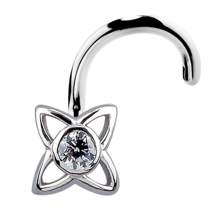 14K white gold open petal star CZ nose screw, front-facing view showing full twist post curl