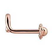 14K rose gold rose bud nose bone, side profile showing straight post length and flower charm