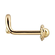 14K yellow gold rose bud nose bone, side profile showing straight post length and flower charm