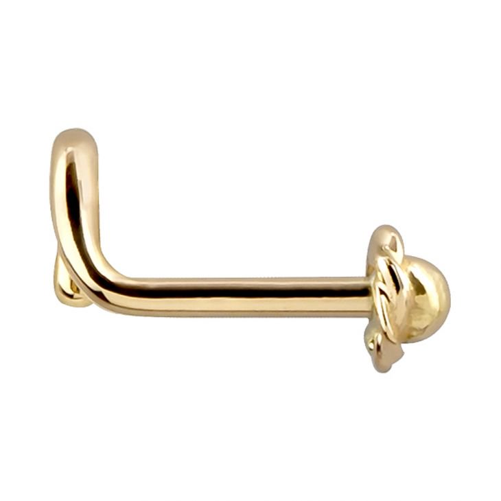14K yellow gold rose bud nose bone, side profile showing straight post length and flower charm