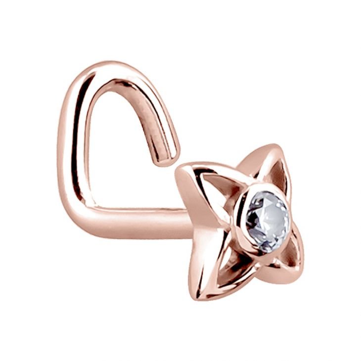 14K rose gold star CZ nose ring with twist screw post, angled view showing curl and petal top