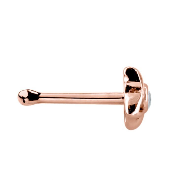 Side profile of 14K rose gold petal star CZ nose bone showing straight post with ball end