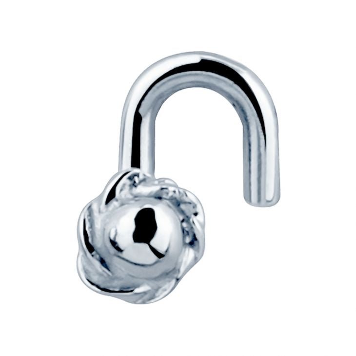 14K white gold rose bud nose ring, twist post style from elevated front angle showing petal texture