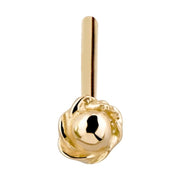 14K yellow gold rose bud nose stud, straight post pin style shown vertically with flower charm facing forward