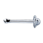 14K white gold rose bud nose bone, straight horizontal side profile highlighting full post length