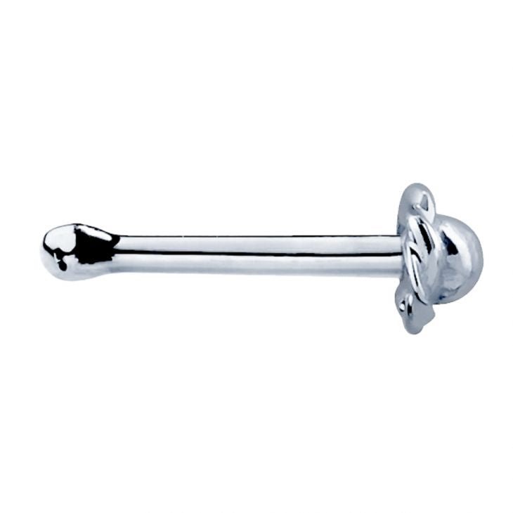 14K white gold rose bud nose bone, straight horizontal side profile highlighting full post length