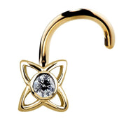 14K yellow gold open petal star CZ nose screw, front-facing view showing full twist post curl