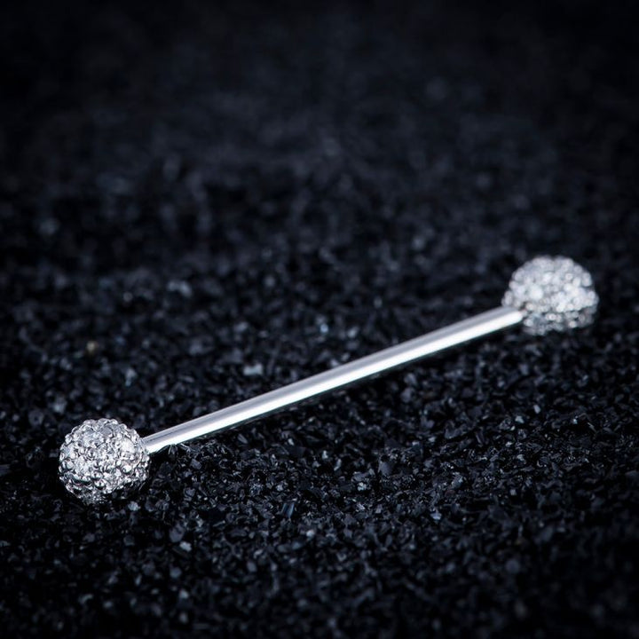 Diamond Pave 14K Gold Straight Barbell 5mm Balls