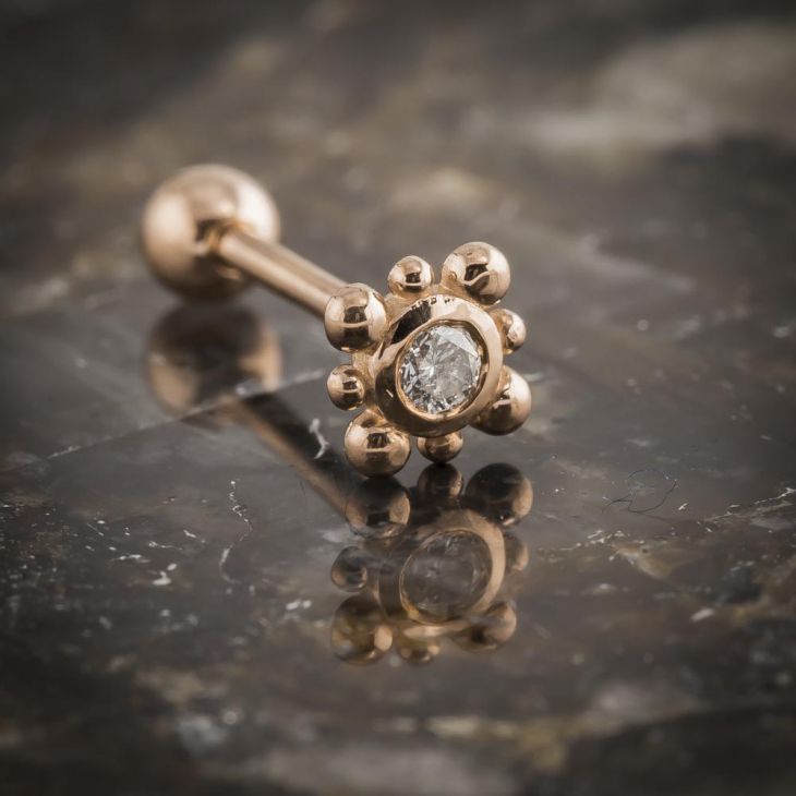 Diamond Beaded Bezel Set 14k Gold Cartilage Earring