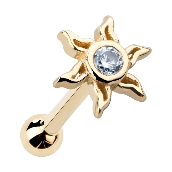 14K yellow gold sunburst cartilage stud with CZ center, angled product view showing barbell