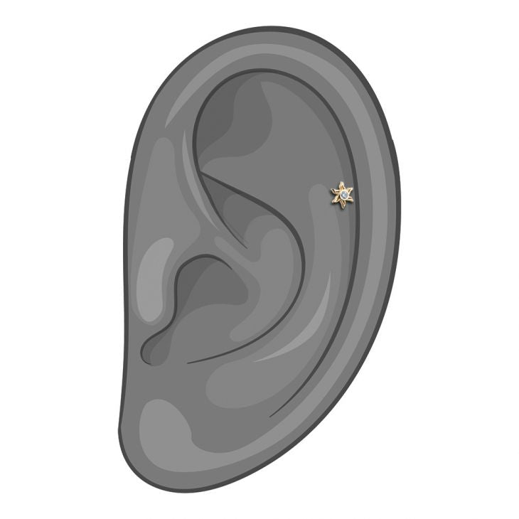 14K gold sunburst CZ stud shown in helix cartilage position on illustrated ear diagram