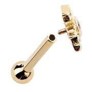 Reverse view of 14K yellow gold sunburst stud showing internally threaded barbell construction
