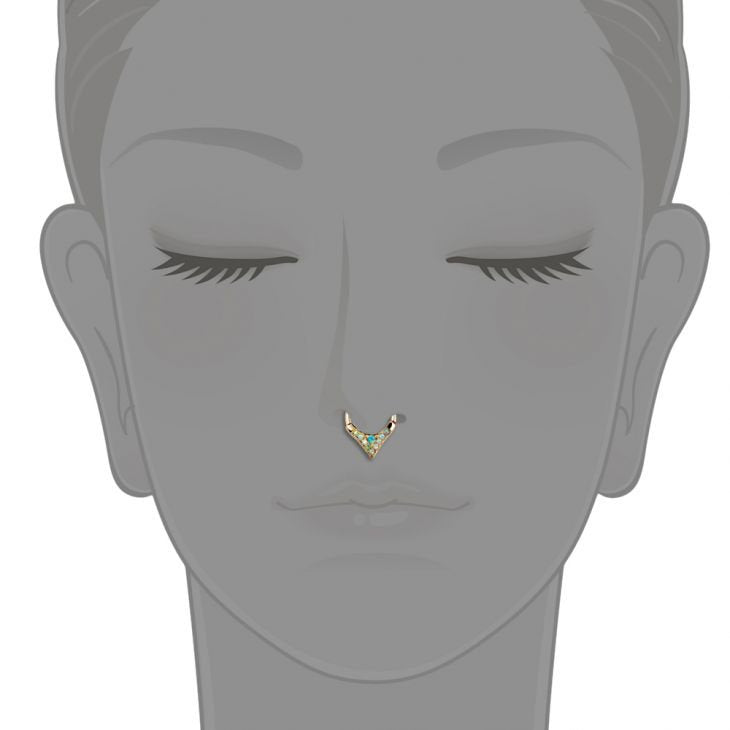 14K gold tribal opal clicker ring shown as septum piercing on illustrated face model