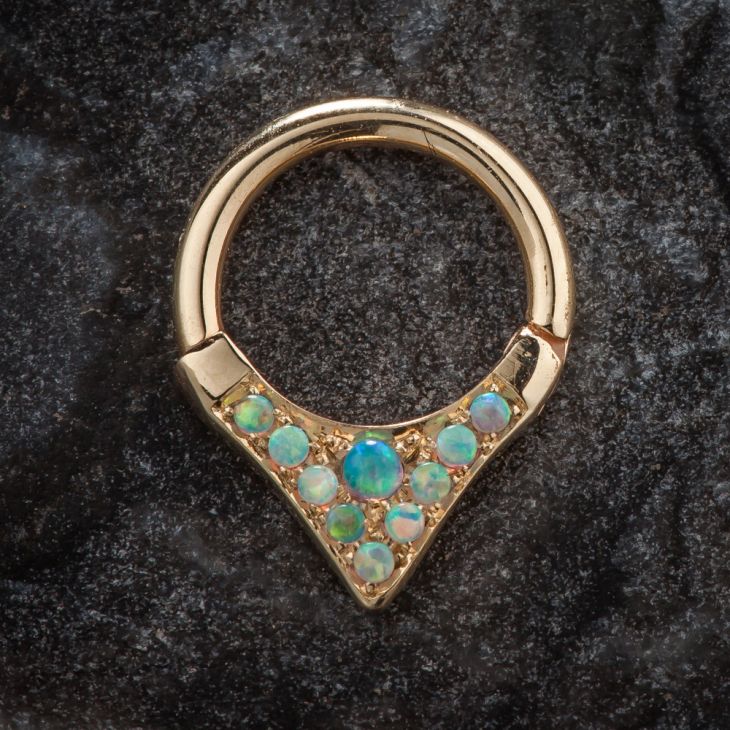 Tribal V-Shape Opal Solid 14K Gold Hinged Clicker Ring