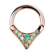 14K rose gold tribal V-shape opal hinged clicker ring with iridescent opal cluster setting