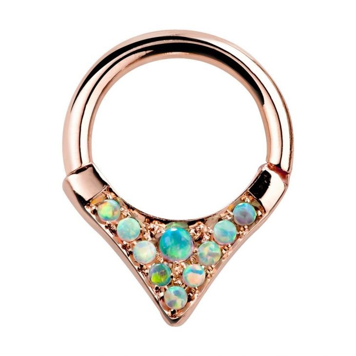 14K rose gold tribal V-shape opal hinged clicker ring with iridescent opal cluster setting