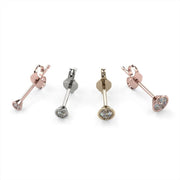 14K rose gold, white gold, and yellow gold diamond bezel stud earrings displayed upright showing all metal options