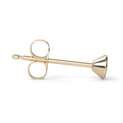 Side profile of 14K yellow gold bezel stud earring showing low-profile cone setting and post length